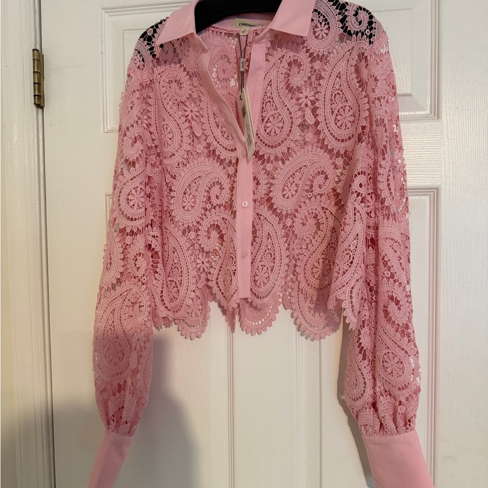 L'AGENCE Blush Lace Button-Up Top
